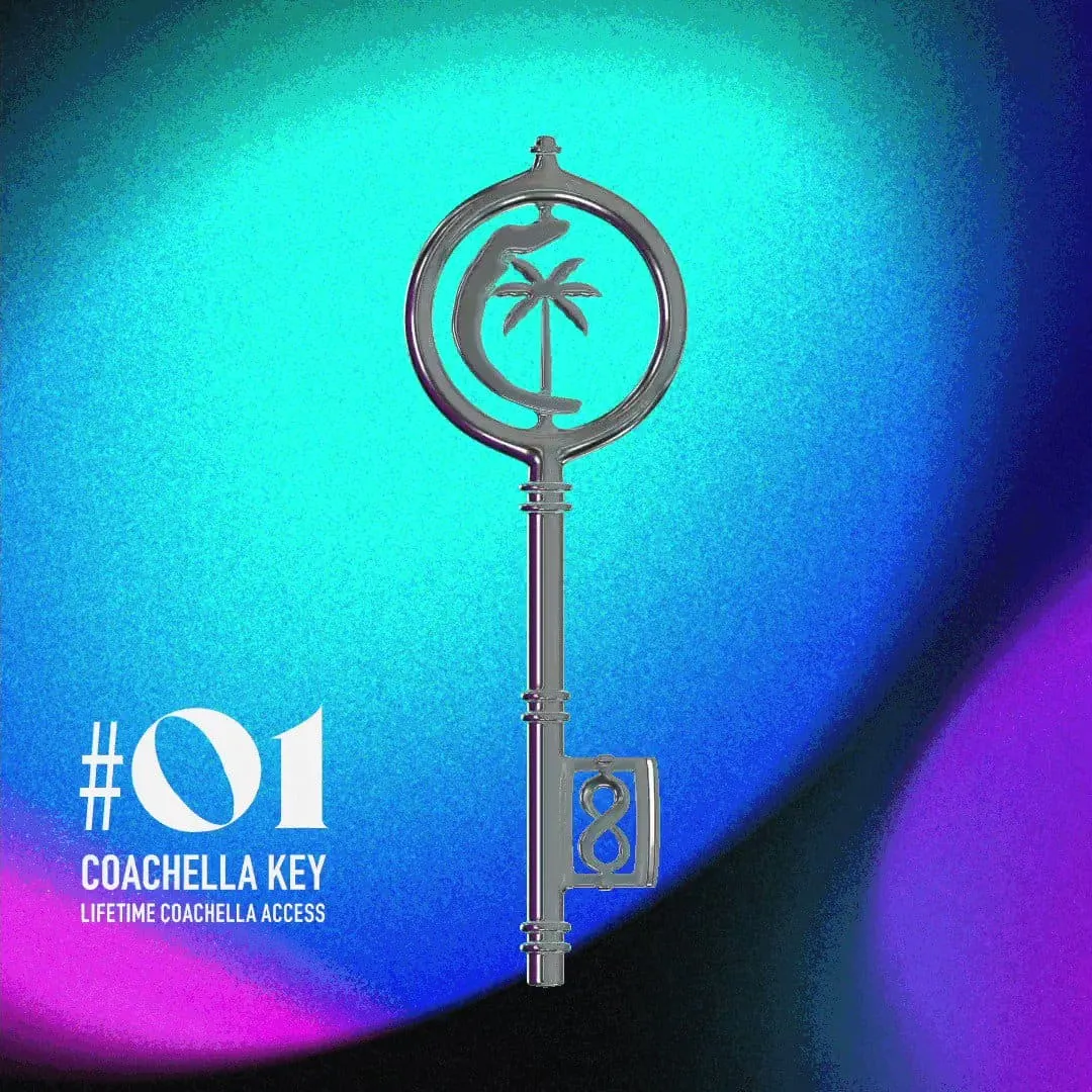 Metal key with coachella logo and palm tree symbol against colorful background.