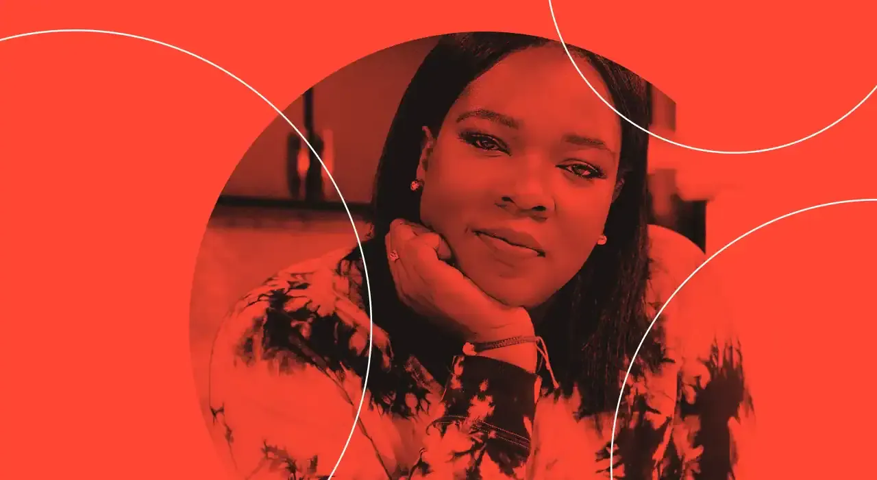 Smiling woman with dark hair on a vibrant red background, modern design elements, representing music industry insights and di