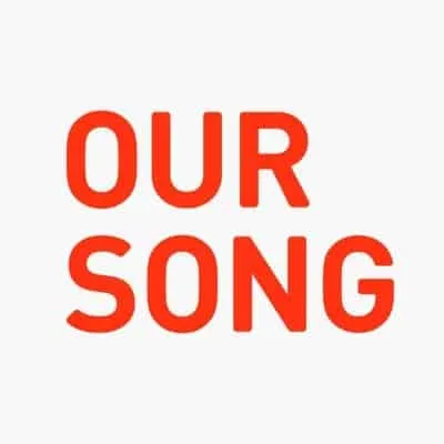 Vibrant red text reading "OUR SONG" on a plain background, emphasizing music and storytelling themes.