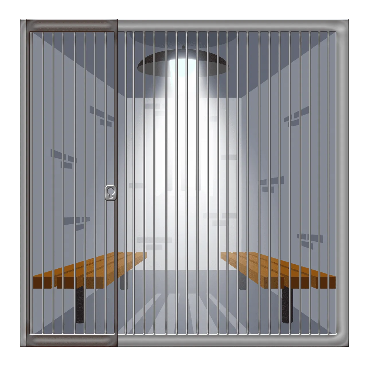 Metal jail cell with sliding door and wooden benches in an empty detention room, realistic illustration for crime or incarcer
