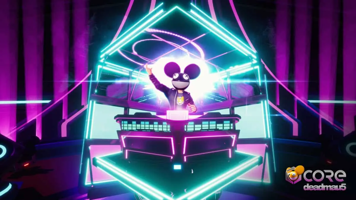 Vibrant neon-lit digital DJ booth with a cartoonish mascot in a futuristic nightclub setting, showcasing electronic dance mus