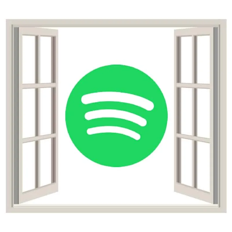 Spotify logo seen through an open window, digital marketing, music streaming platform, media technology, online music service