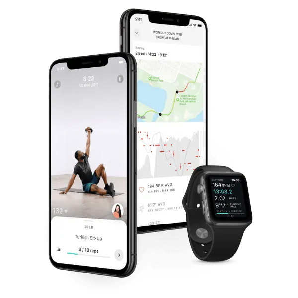 Iphone displaying workout app with exercise and health metrics, fitness tracking on smartwatch, and GPS running route on tabl