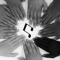 Hands of diverse individuals forming a circle around a music note icon, symbolizing collaboration in the music industry.
