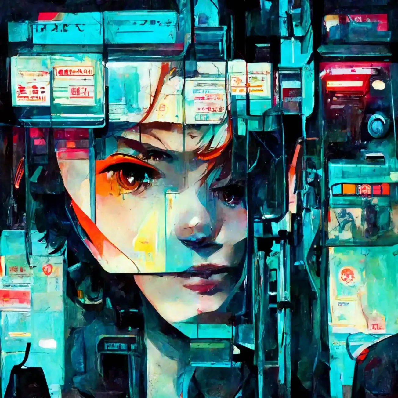 Vibrant digital-inspired artwork of a woman's face blending with futuristic cityscape elements, showcasing modern art, cyberp