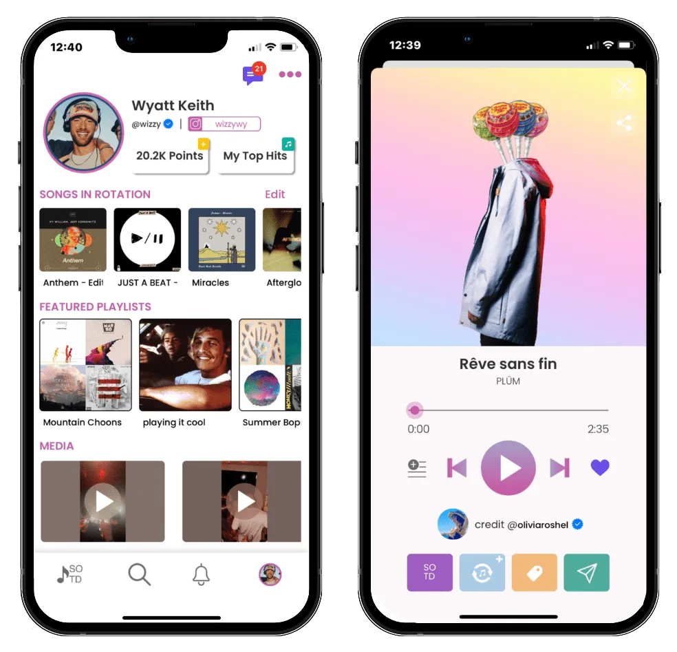 User-generated music streaming app interface featuring playlists and song controls, emphasizing social sharing and digital mu