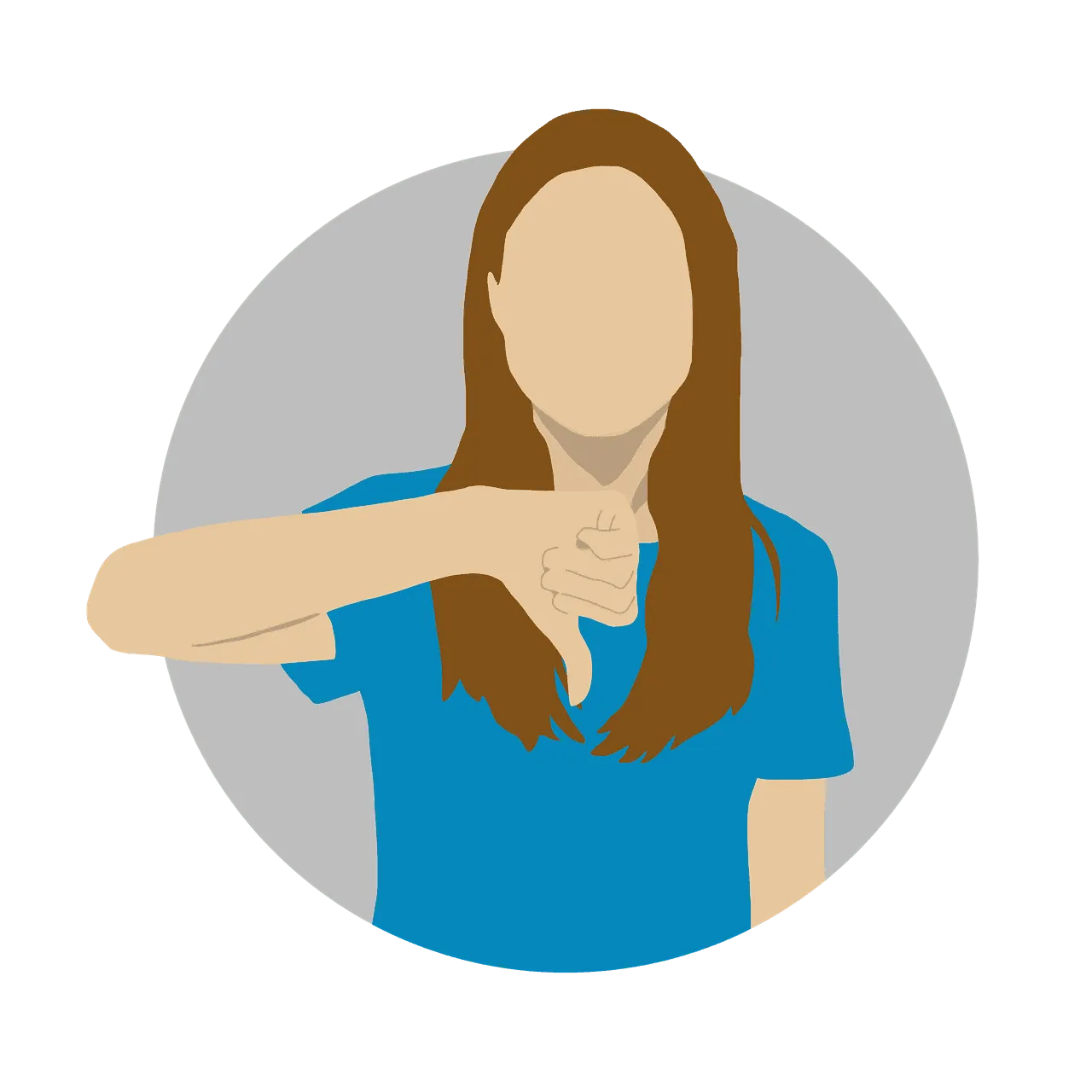 No face, woman with long brown hair showing thumbs down gesture, digital illustration, disappointed or disapproving expressio