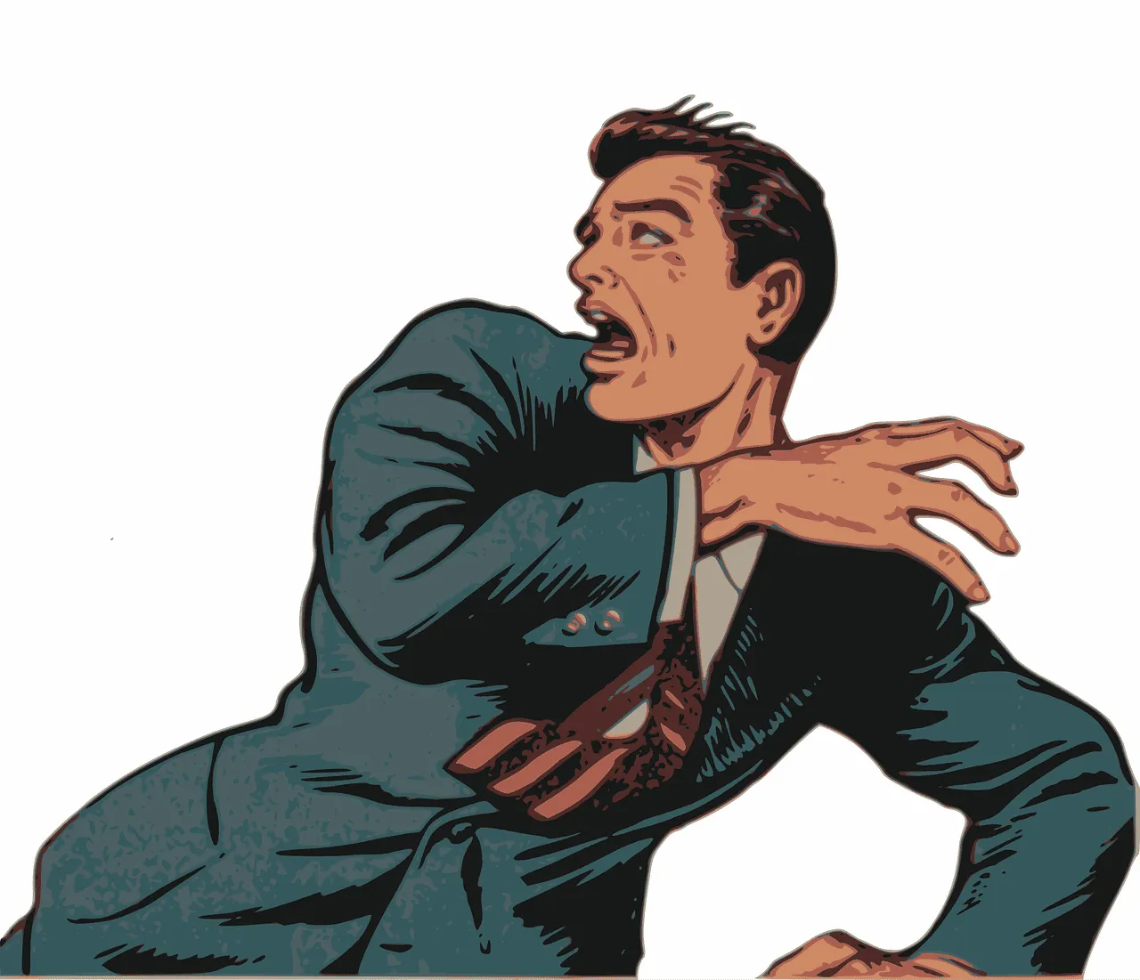 A man in a suit appears to be in distress, clutching his shoulder as if experiencing pain or a sudden injury. The illustratio
