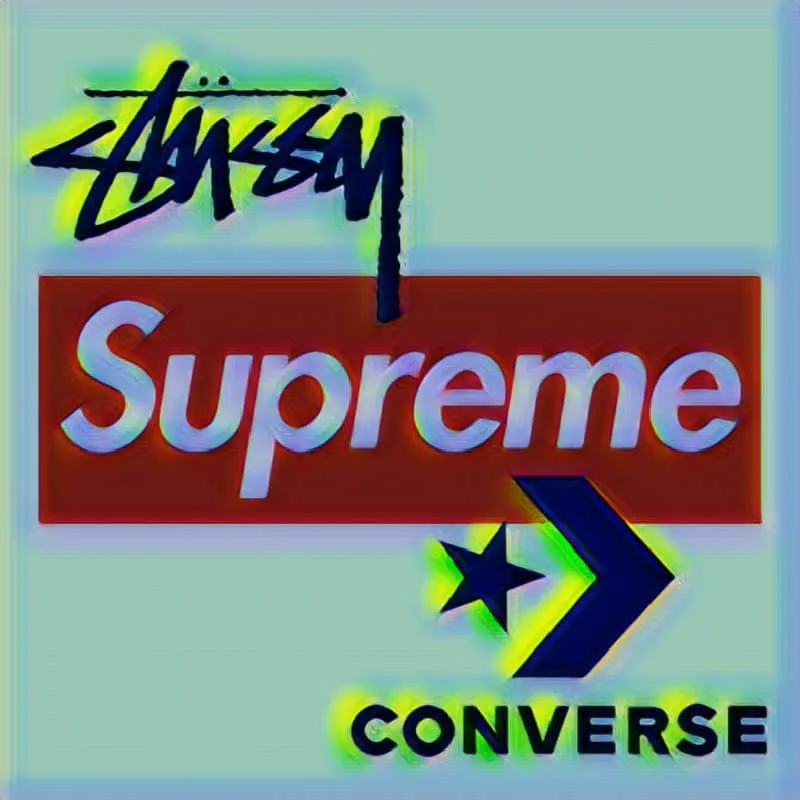 Stüssy, Supreme, Converse logos combined in a vibrant graphic design highlighting popular streetwear brands. Perfect for fash