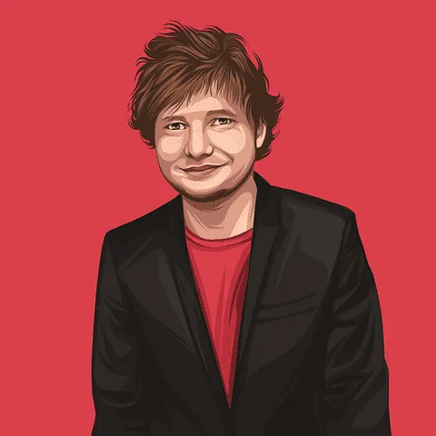 A vibrant digital illustration of a stylish man with tousled hair, wearing a black blazer and red shirt, set against a bold r