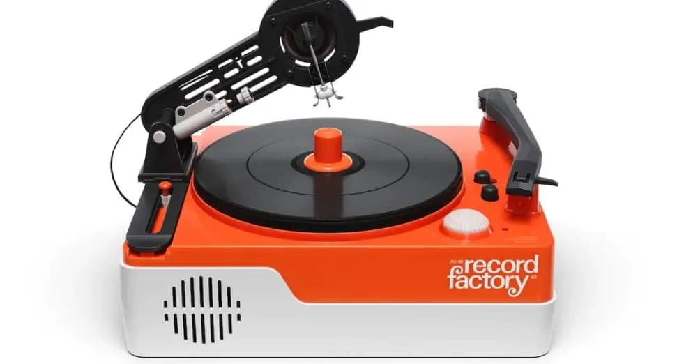 Record factory turntable toy for music editing and DJ mixing, vibrant orange and white design, vintage style record player wi
