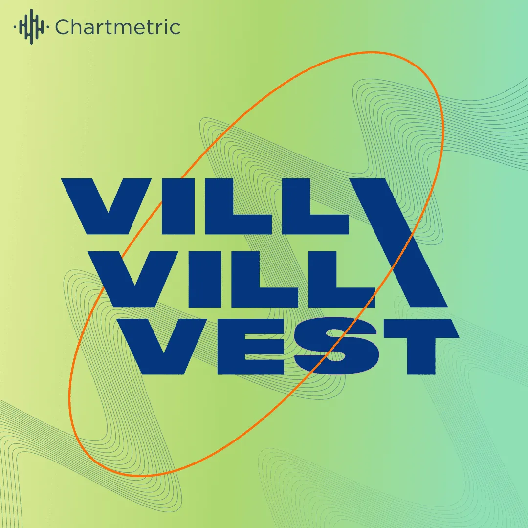 VillVILL VEST logo on vibrant green background with abstract lines, modern digital branding for music, tech, or creative indu