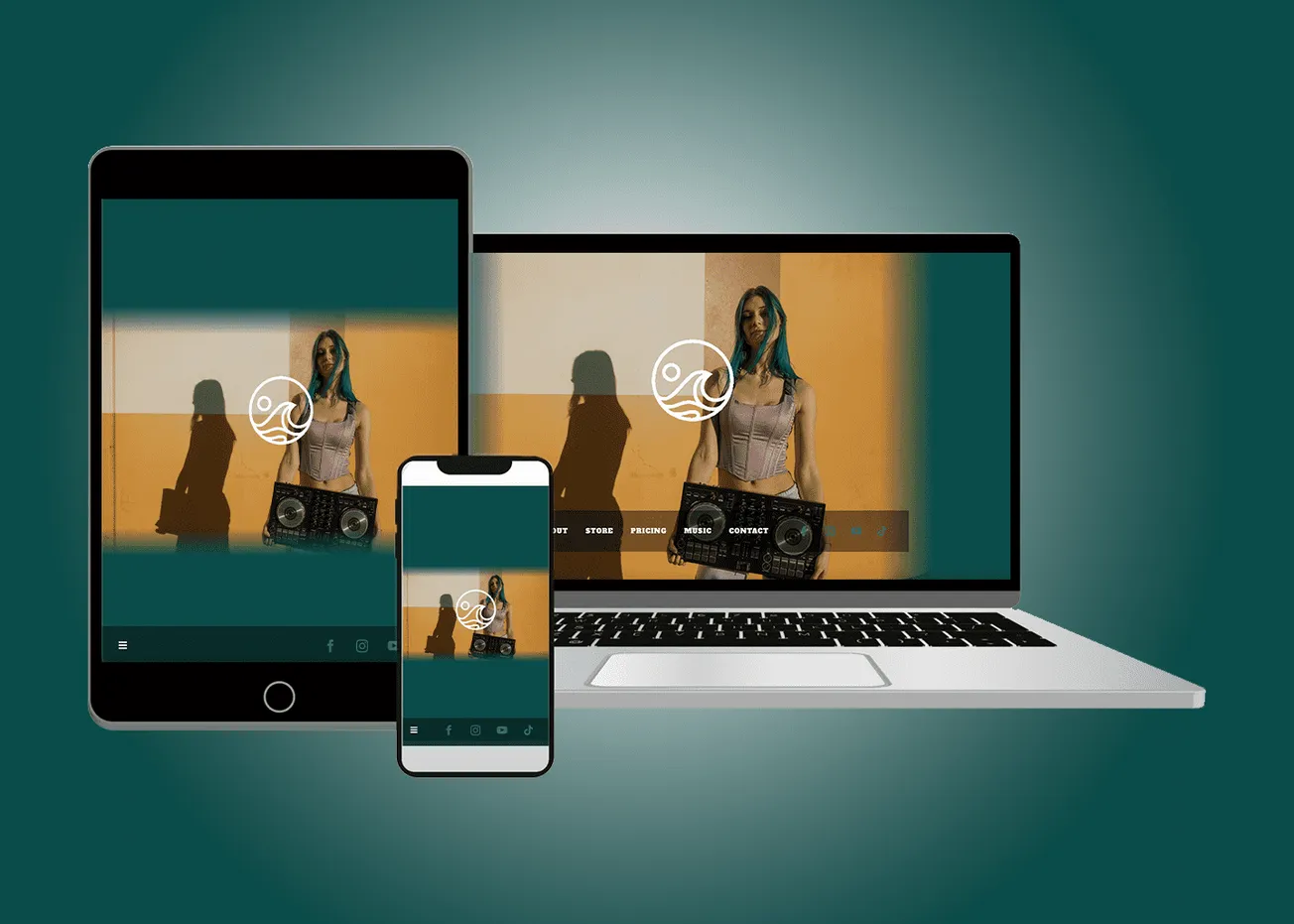 DJ music artist promotion on digital devices, showcasing streaming and online presence, with focus on music industry, digital