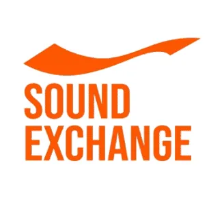 Sound Exchange logo with orange wave design and bold text for music licensing and royalty services.