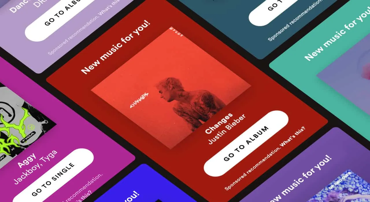 Bright music app interface showcasing new album releases and personalized recommendations, emphasizing music discovery and st