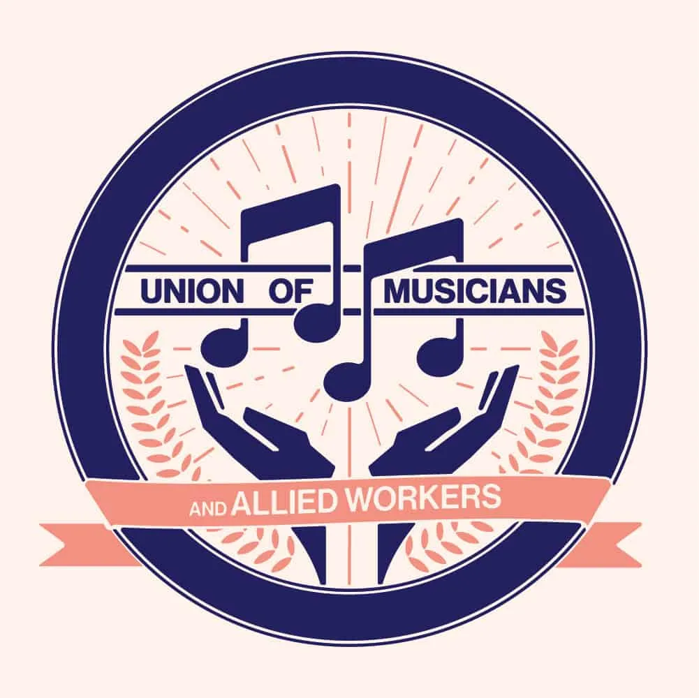 Union of musicians and allied workers emblem featuring musical notes, hands, and laurel wreaths, symbolizing solidarity and s