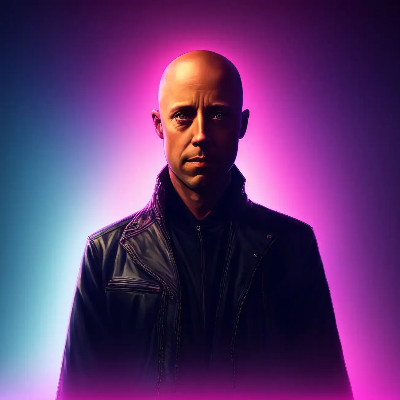 Bald man wearing black leather jacket with vibrant pink and blue neon background, modern portrait, contemporary style, artist