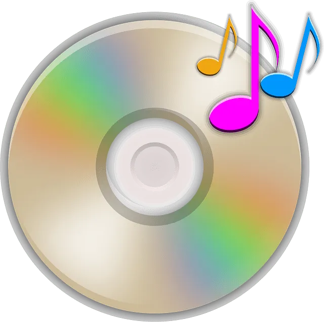 CD with colorful rainbow reflections and vibrant musical notes representing digital music, music industry, and multimedia con