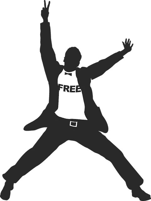 Free speech activism illustration of a person in a tuxedo and "FREE" t-shirt, jumping with arms wide open on a dark backgroun