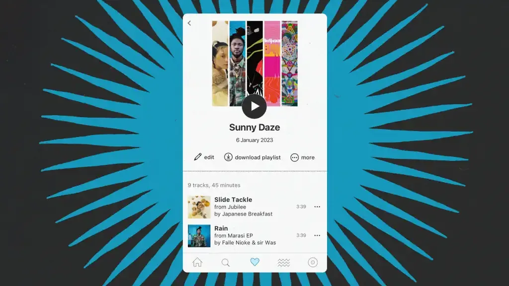 Music playlist screenshot, sunlight yoga music spotify playlist, music streaming app interface with playlist titled Sunny Daz