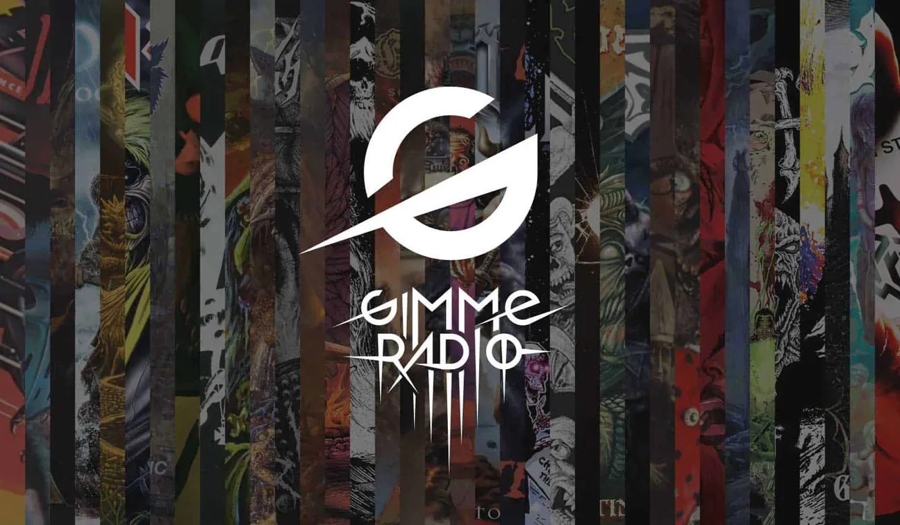 Gimme Radio logo overlay on a collage of diverse superhero and comic book art backgrounds, emphasizing music and pop culture