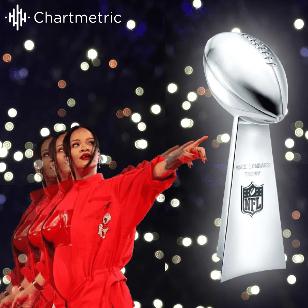 Vince Lombardi Trophy with NFL logo and a woman in a red outfit pointing at the award, celebrates sports performance, footbal