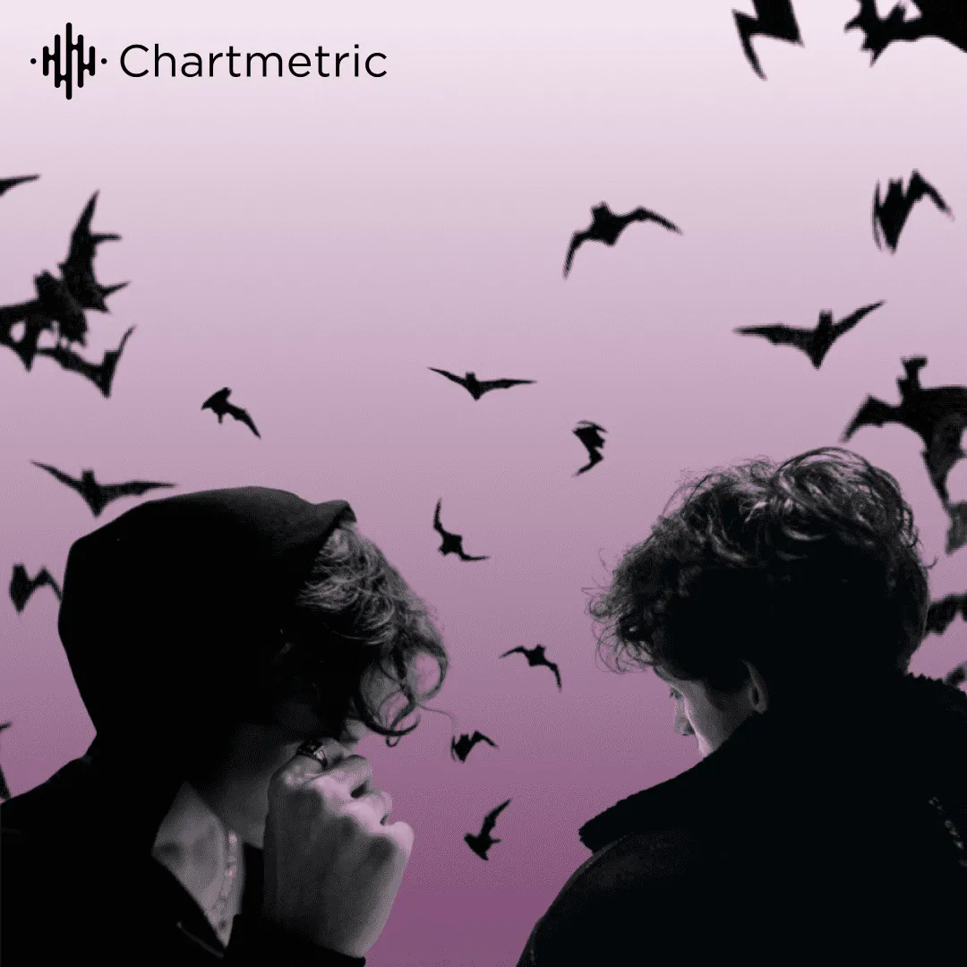Dark silhouettes of two people with bats flying in a purple sky, emphasizing music industry, digital media, and creative coll