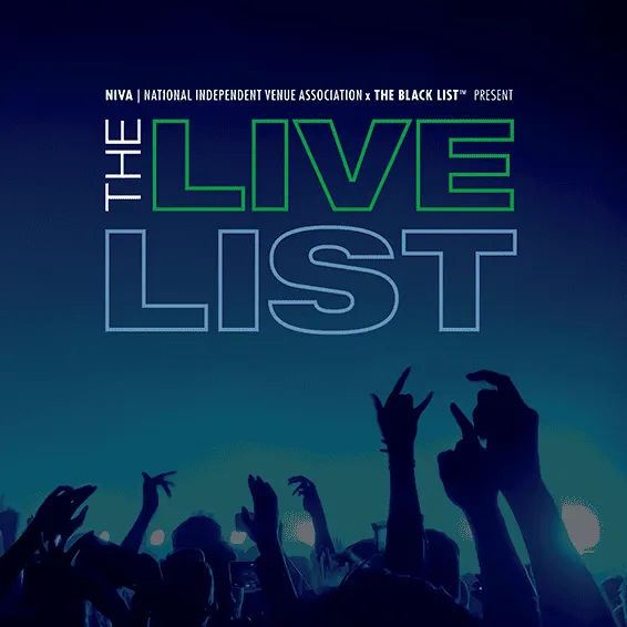 NIVA and The Black List present The Live List music event with a vibrant crowd, concert lighting, and energetic atmosphere fo