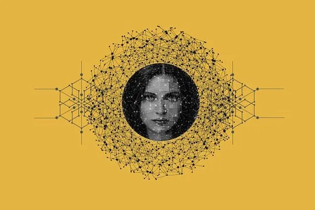 AI-generated digital art of a woman's face embedded within a geometric network to symbolize technology and innovation in musi