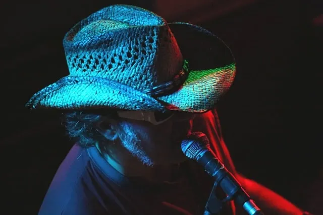 Hypebot, musician wearing a colorful straw hat singing into a microphone during a live performance, dark background, music ev