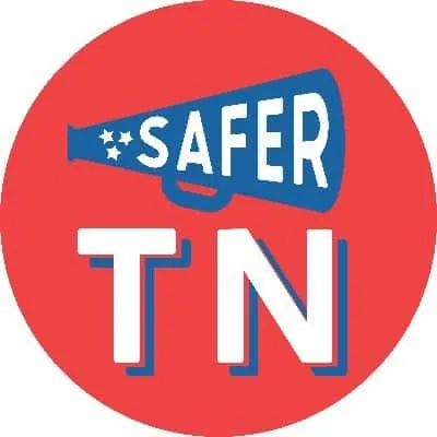 Safer Tennessee logo featuring a blue megaphone with stars on a red circular background, promoting safety and awareness.
