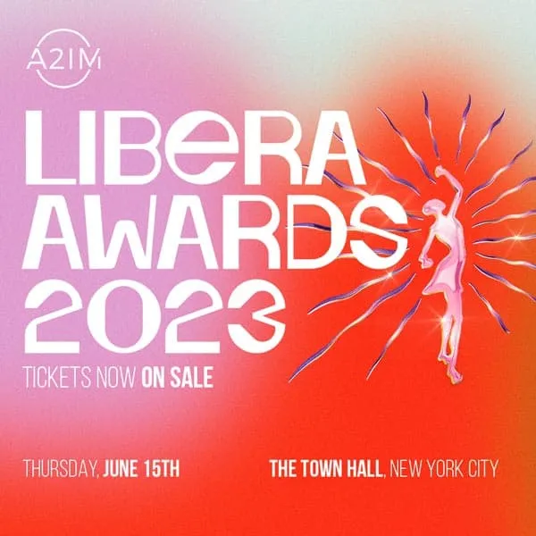A2IM Libera Awards 2023 poster with a vibrant pink and orange gradient background, featuring a dancing figure surrounded by d