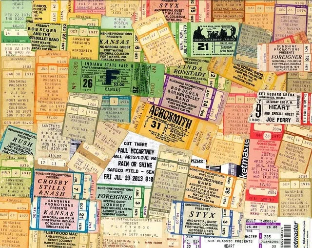 Vintage concert tickets collage showcasing live music events, festivals, and performances at iconic venues, perfect for music