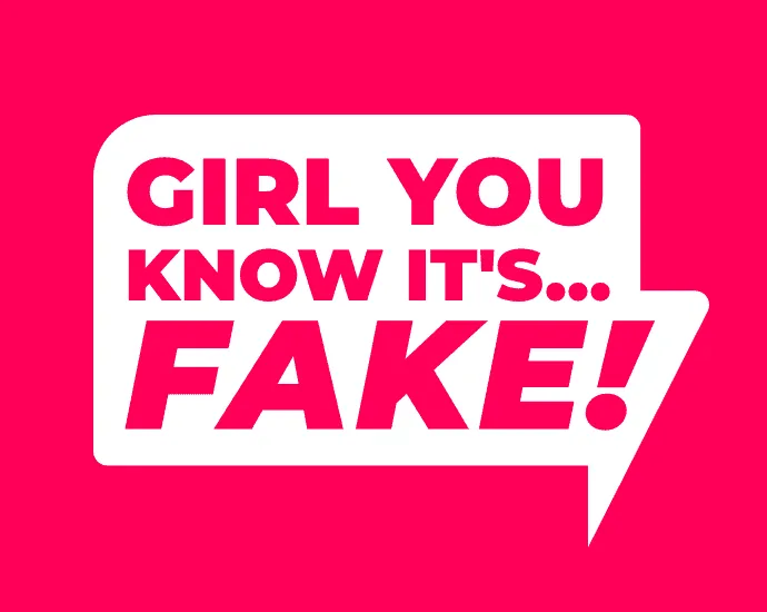 Fake promotional message with bold pink text warning about fake content or impersonation.
