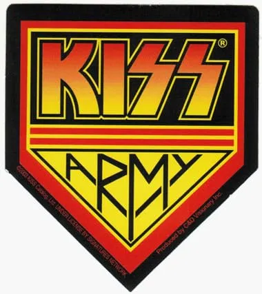 KISS Army logo patch, vintage rock band KISS insignia with bold red, yellow, and black colors, representing the band's dedica