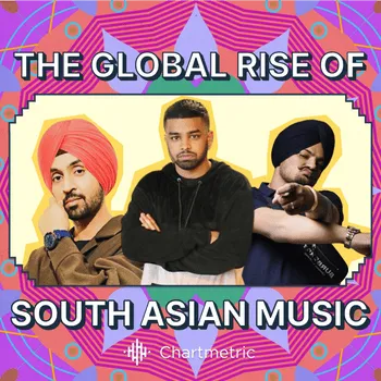 Vibrant image of three South Asian music artists with colorful geometric background, highlighting the growth of South Asian m