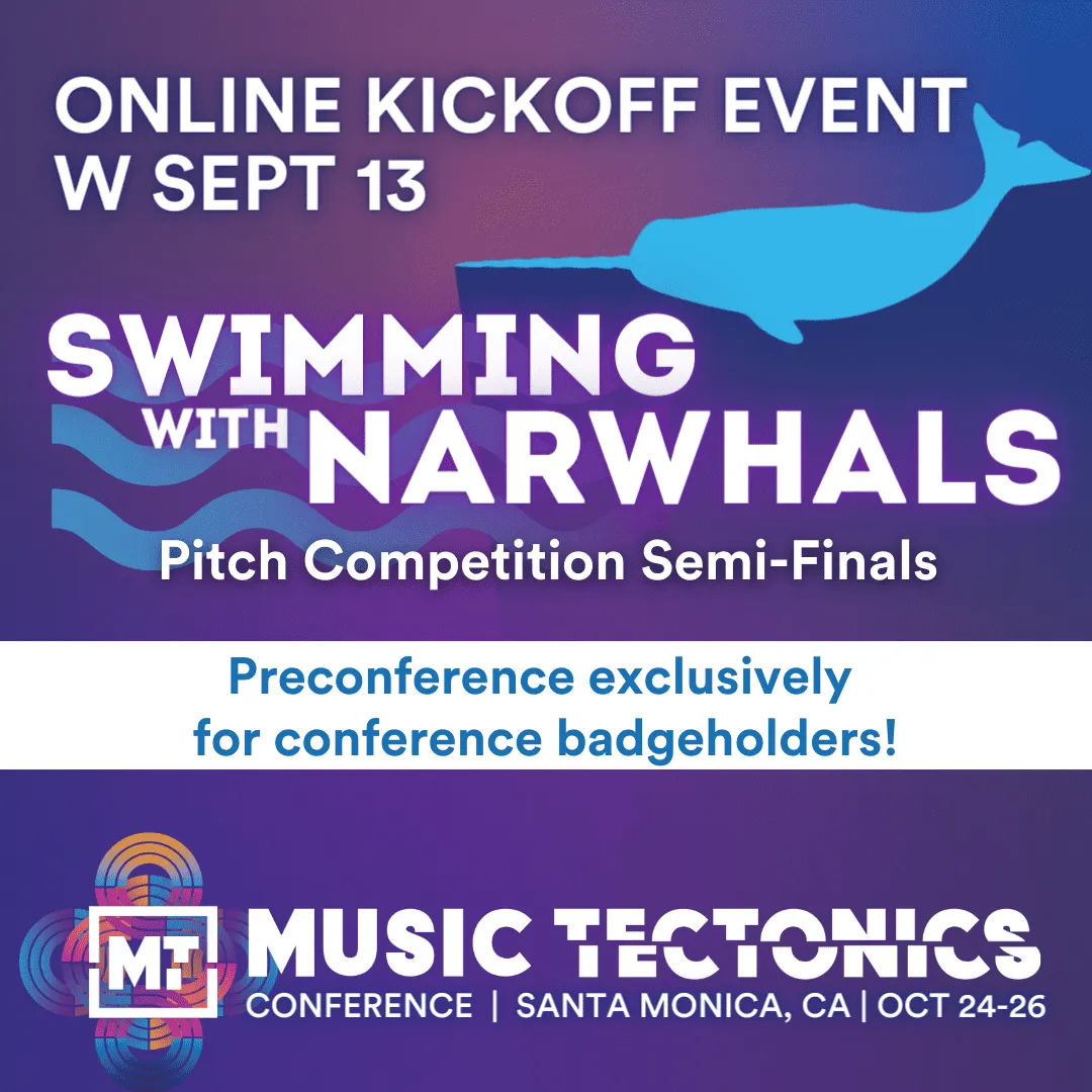 Online kickoff event for music industry professionals focusing on swimming with narwhals, pitch competition semi-finals, and