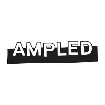 Amped logo with bold black and white text, modern graphic design for music and entertainment branding.