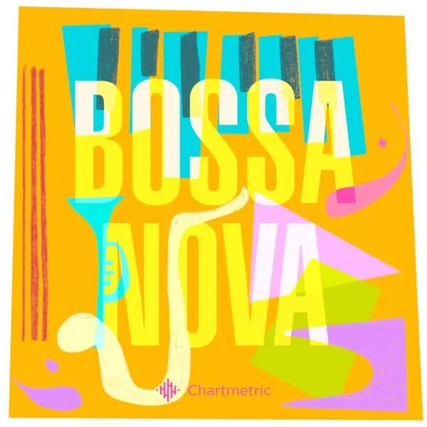 Bossa Nova music-themed colorful graphic with bold typography and abstract design elements.