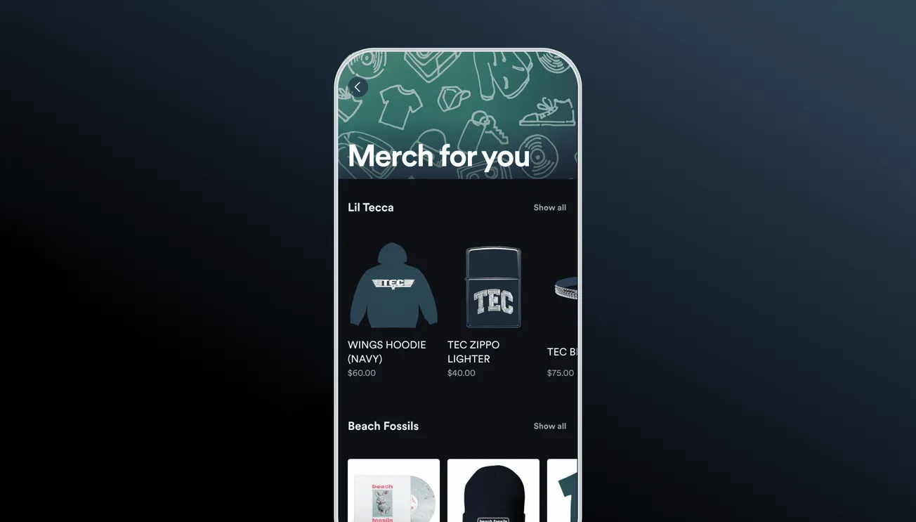 Merchandise shopping app displaying music artist and branded apparel, digital storefront for fan merchandise and accessories