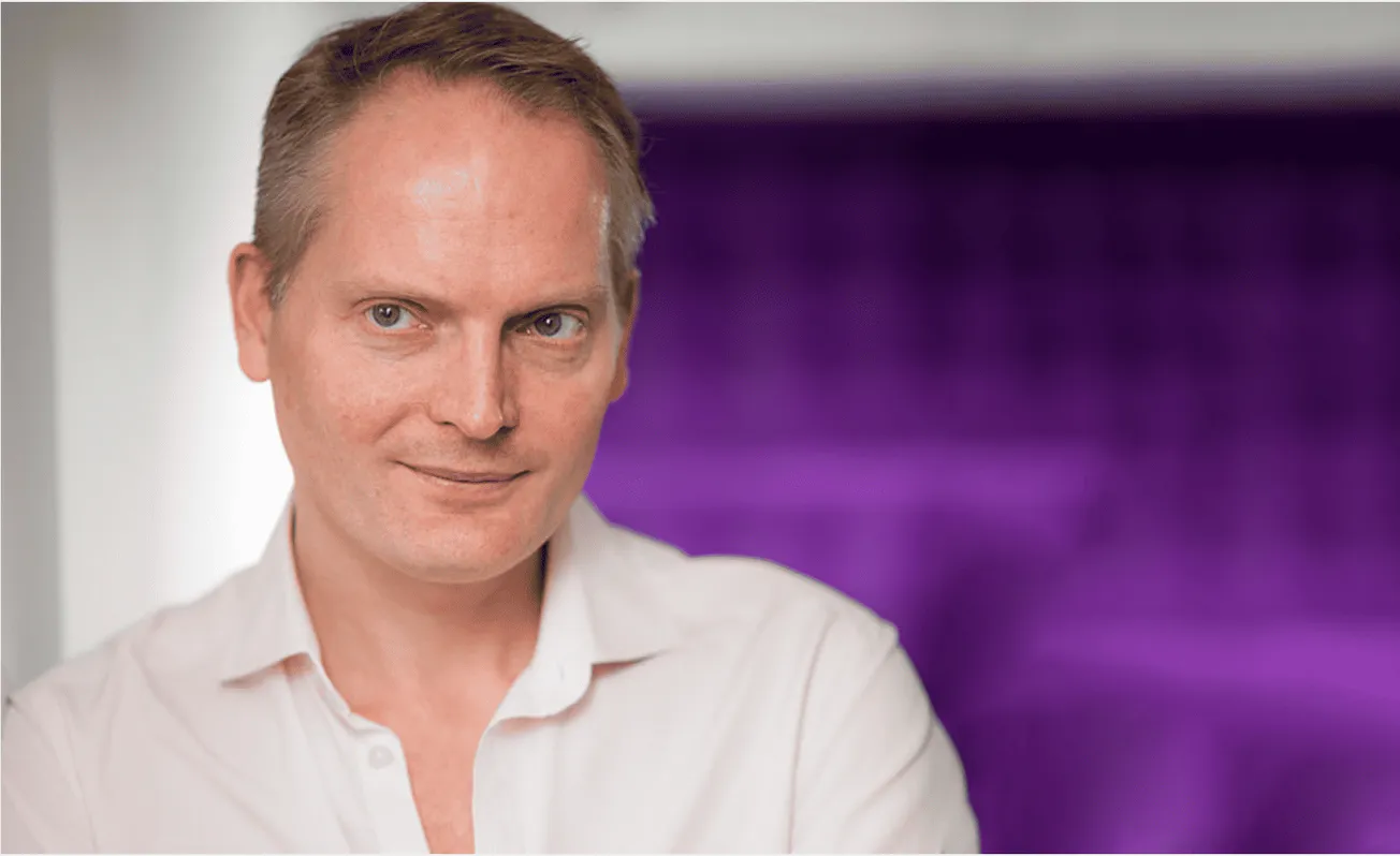 Professional man in white shirt with purple digital background, technology, digital media, executive portrait, modern workpla