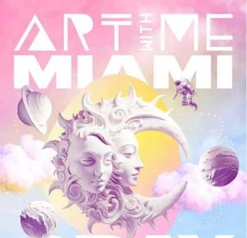 Vibrant digital artwork featuring artistic representations of the moon, clouds, and floating planets with the text "Art in Mi