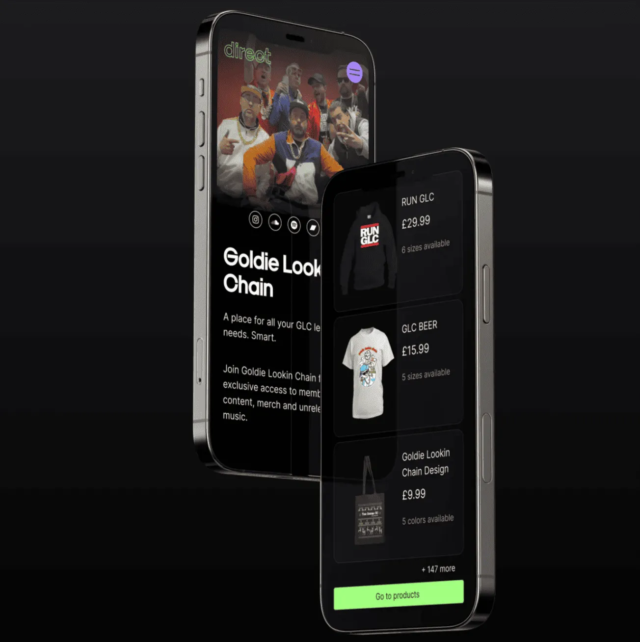 Goldie lookin chain merchandise app showcasing digital storefront on smartphones, music band branded products, online music m