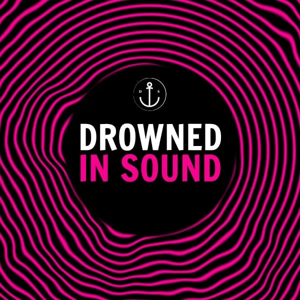 Drowned in sound music festival promotional graphic with bold pink and black concentric wave pattern, emphasizing music, soun
