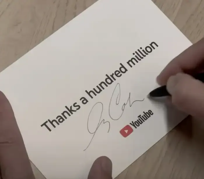 Thanks a hundred million handwritten message expressing gratitude for YouTube and social media success, with a signature and
