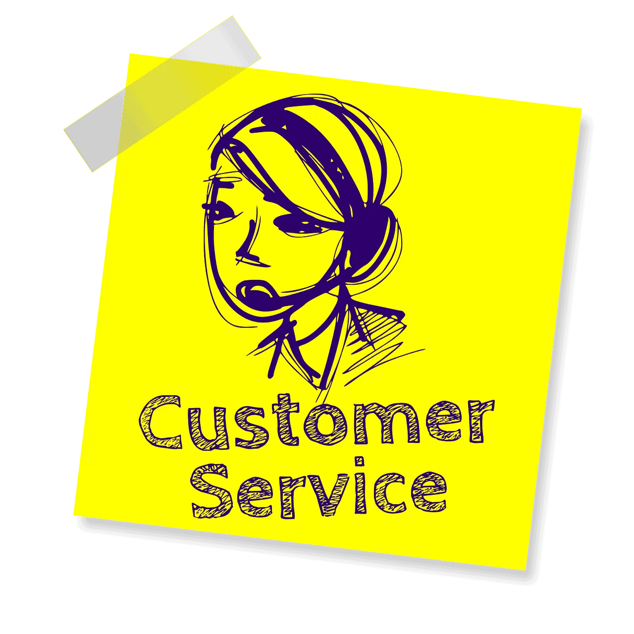 Customer service illustration with a stylized female operator wearing a headset on a yellow sticky note background.
