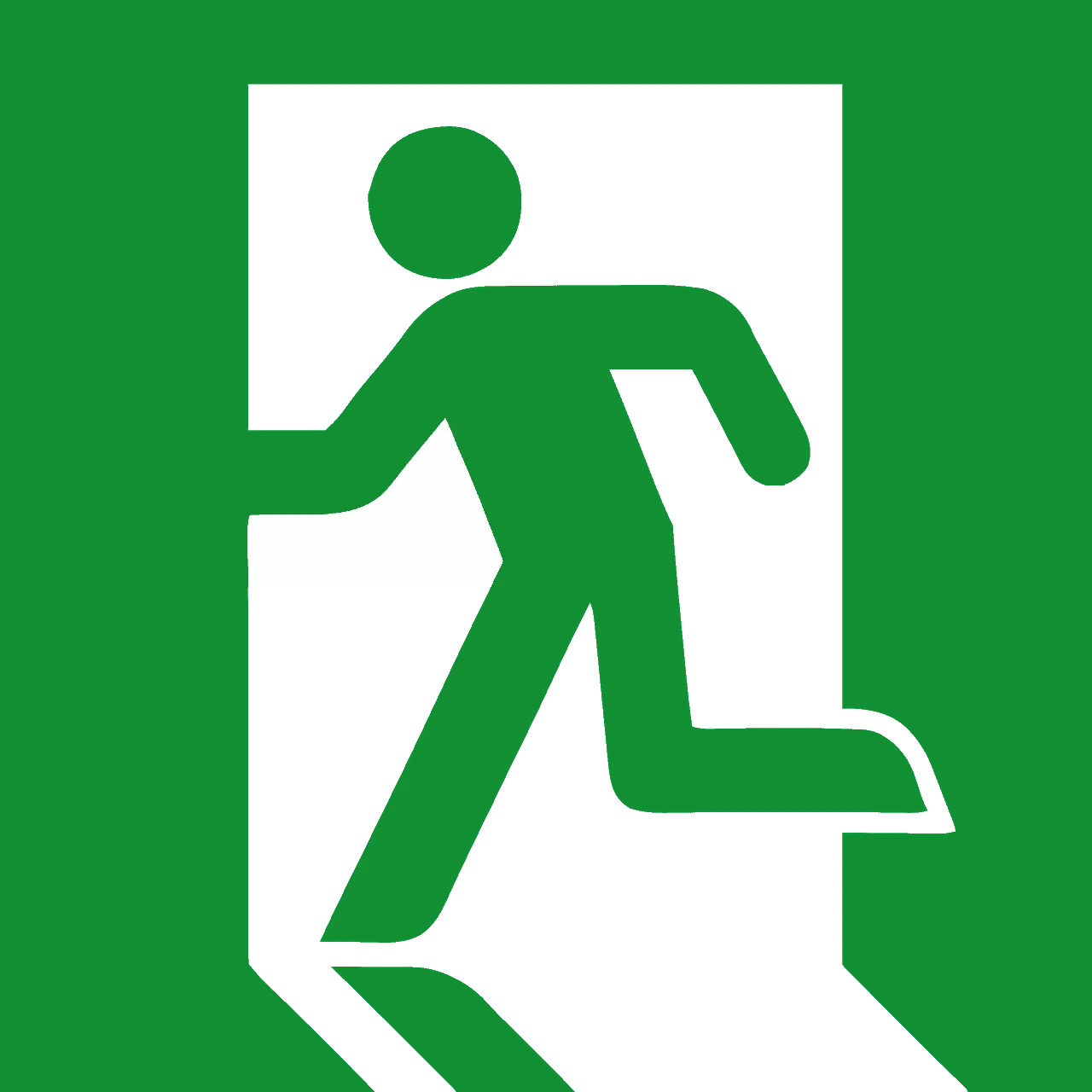 Emergency exit sign with running figure, green background, safety symbol, indoor safety signage, emergency evacuation indicat