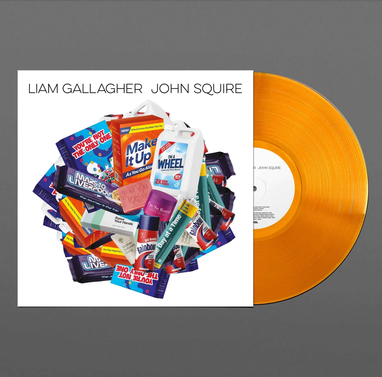 Make it Up album vinyl cover by Liam Gallagher and John Squire featuring nostalgic packaging art with candy, snacks, and colo