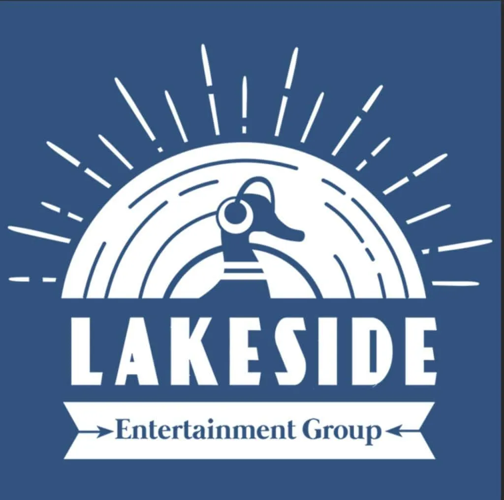 Lakeside Entertainment Group logo featuring a stylized duck with headphones, sun rays, and bold lettering, representing a dyn