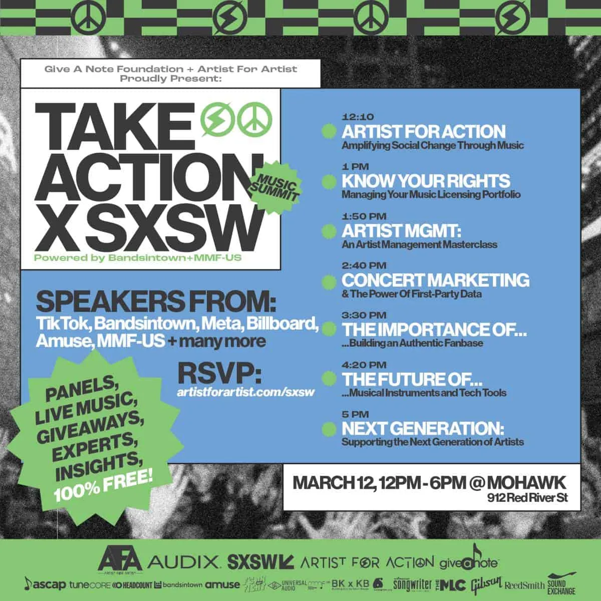 Music festival SXSW event poster with panels, live music, and artist management sessions emphasizing music industry conferenc